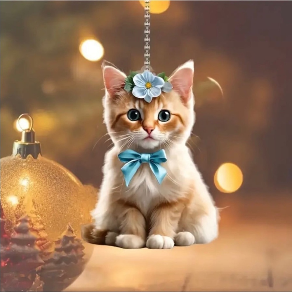 Blue Flower Bowtie Acrylic 2D Kitty Cat Shaped Pendant Ornament Pendant